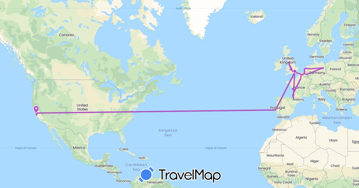 TravelMap itinerary: driving, plane, train in Germany, France, United Kingdom, Portugal, United States (Europe, North America)